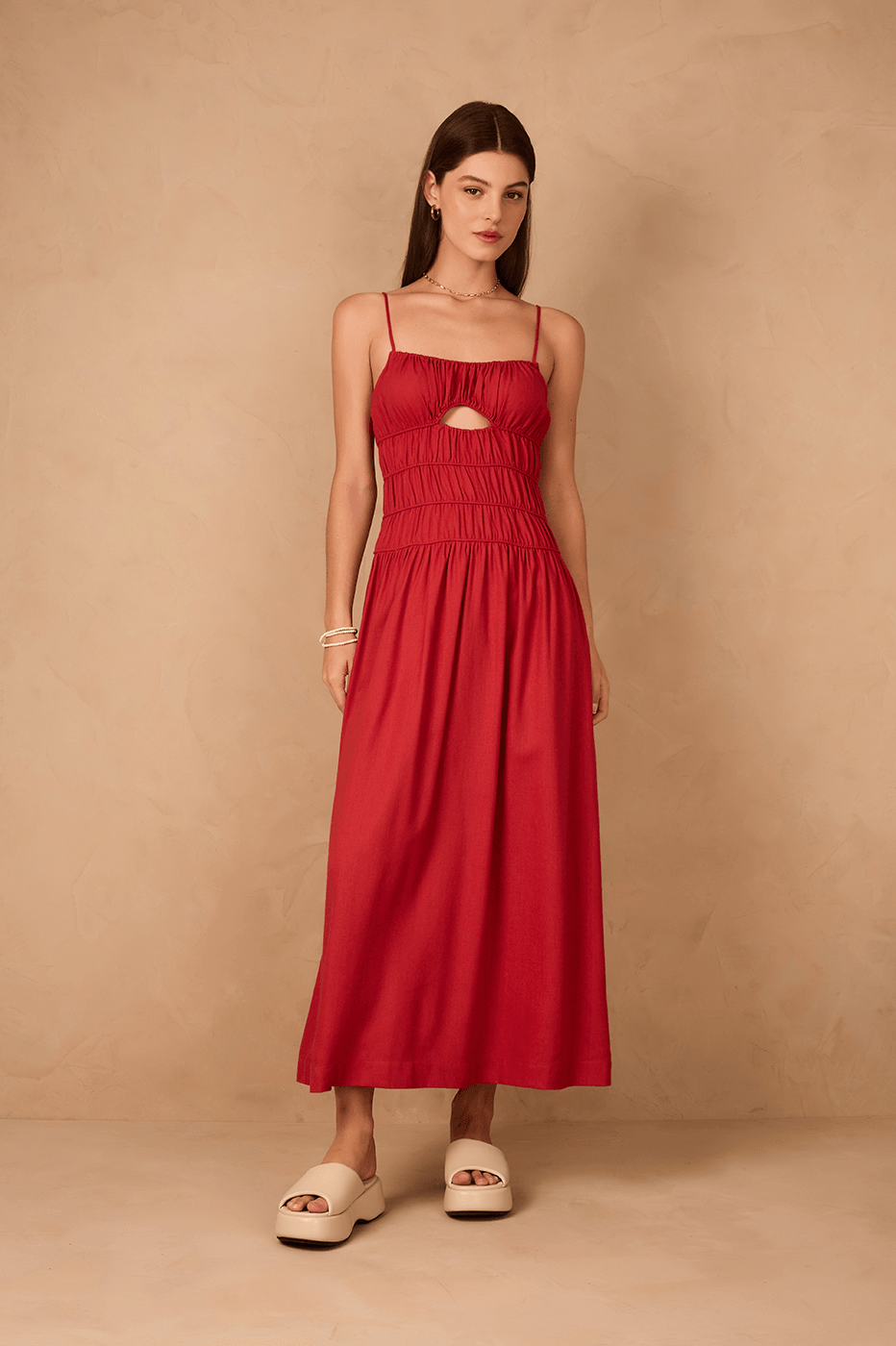 Red Encanto Ruched Bodice Sleeveless Linen Maxi Dress Red Encanto / XXS Red Encanto Ruched Bodice Sleeveless Linen Maxi Dress Red Encanto / XXS
