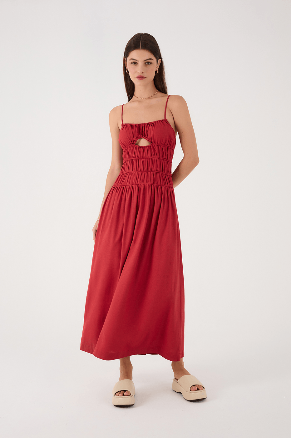 Red Encanto Ruched Bodice Sleeveless Linen Maxi Dress