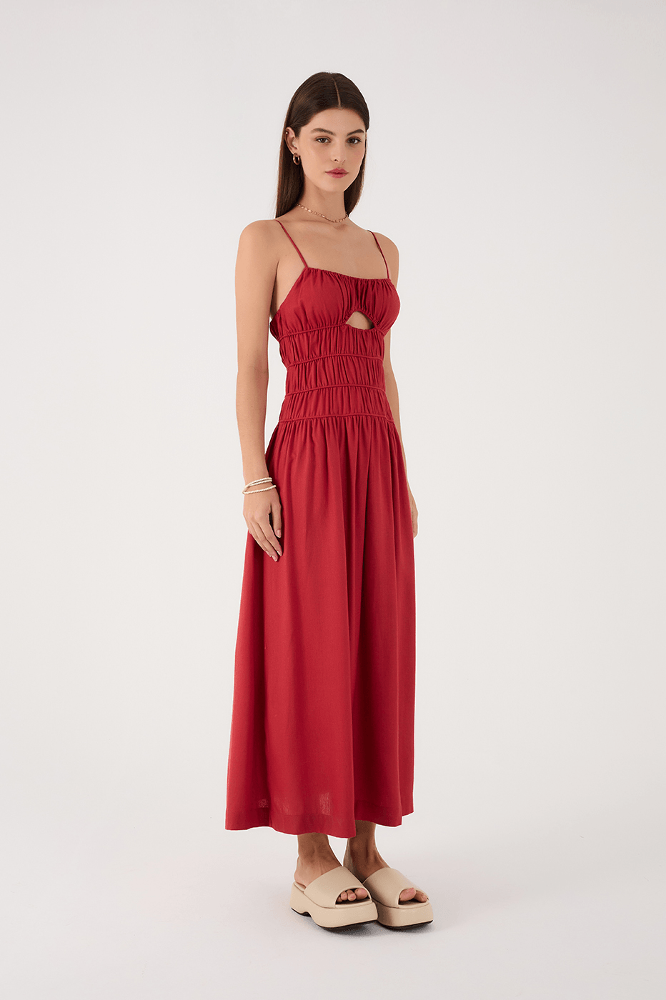 Red Encanto Ruched Bodice Sleeveless Linen Maxi Dress