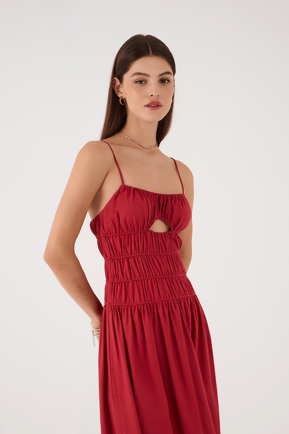 Red Encanto Ruched Bodice Sleeveless Linen Maxi Dress