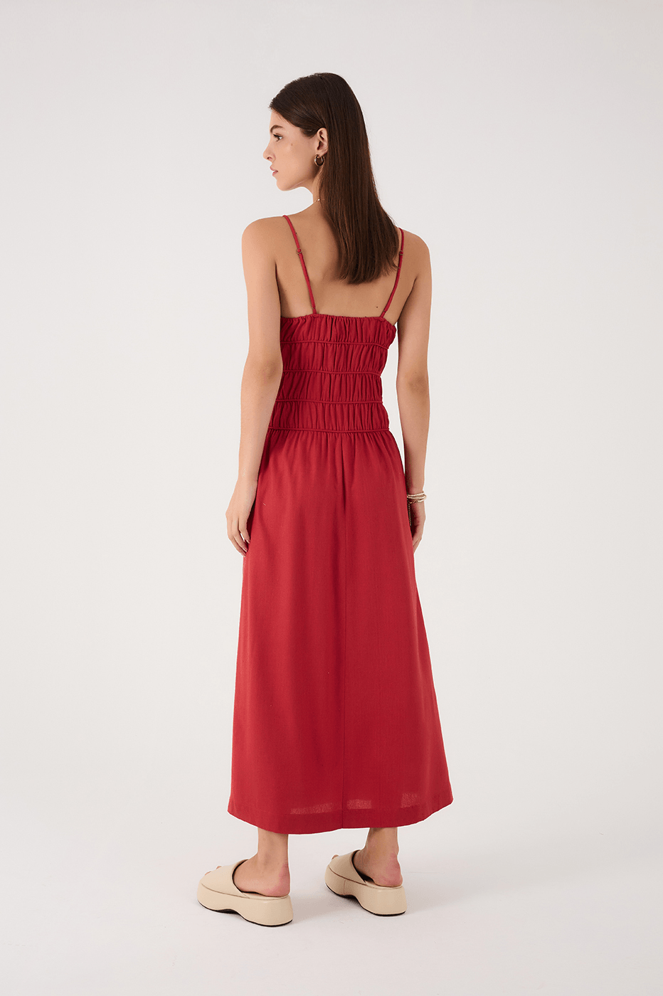 Red Encanto Ruched Bodice Sleeveless Linen Maxi Dress