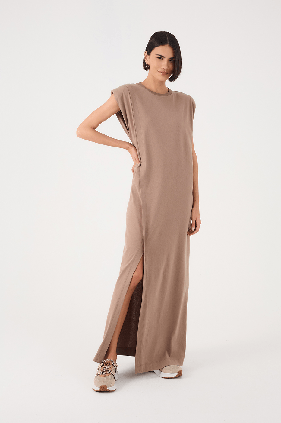 Grey Mirante Padded Shoulder Front Slit Maxi Dress