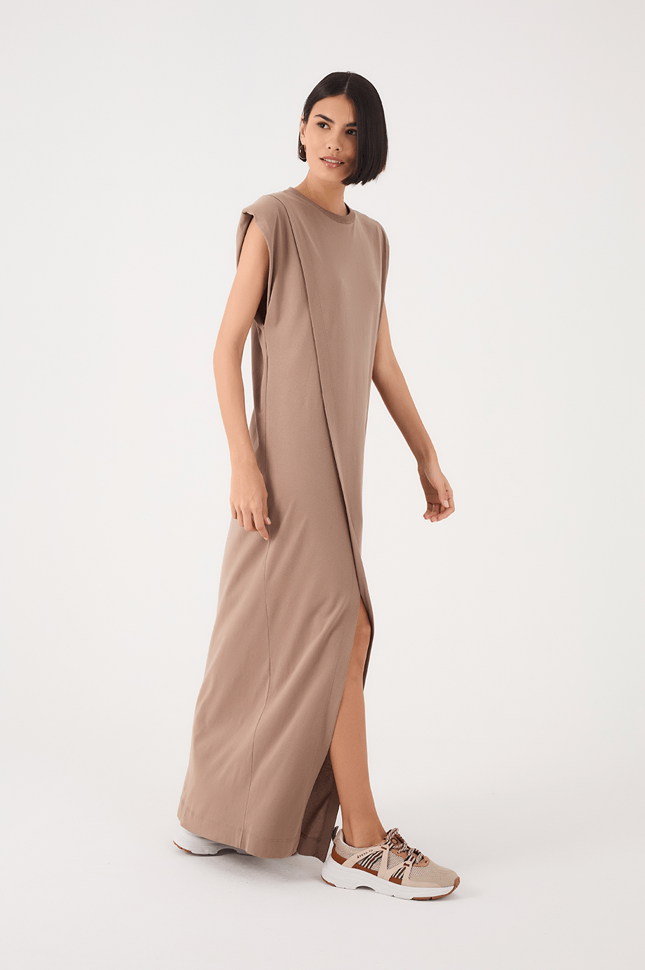 Grey Mirante Padded Shoulder Front Slit Maxi Dress