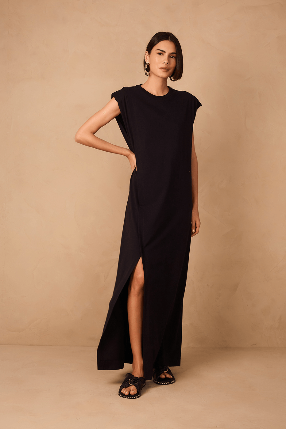 Black Padded Shoulder Front Slit Maxi Dress