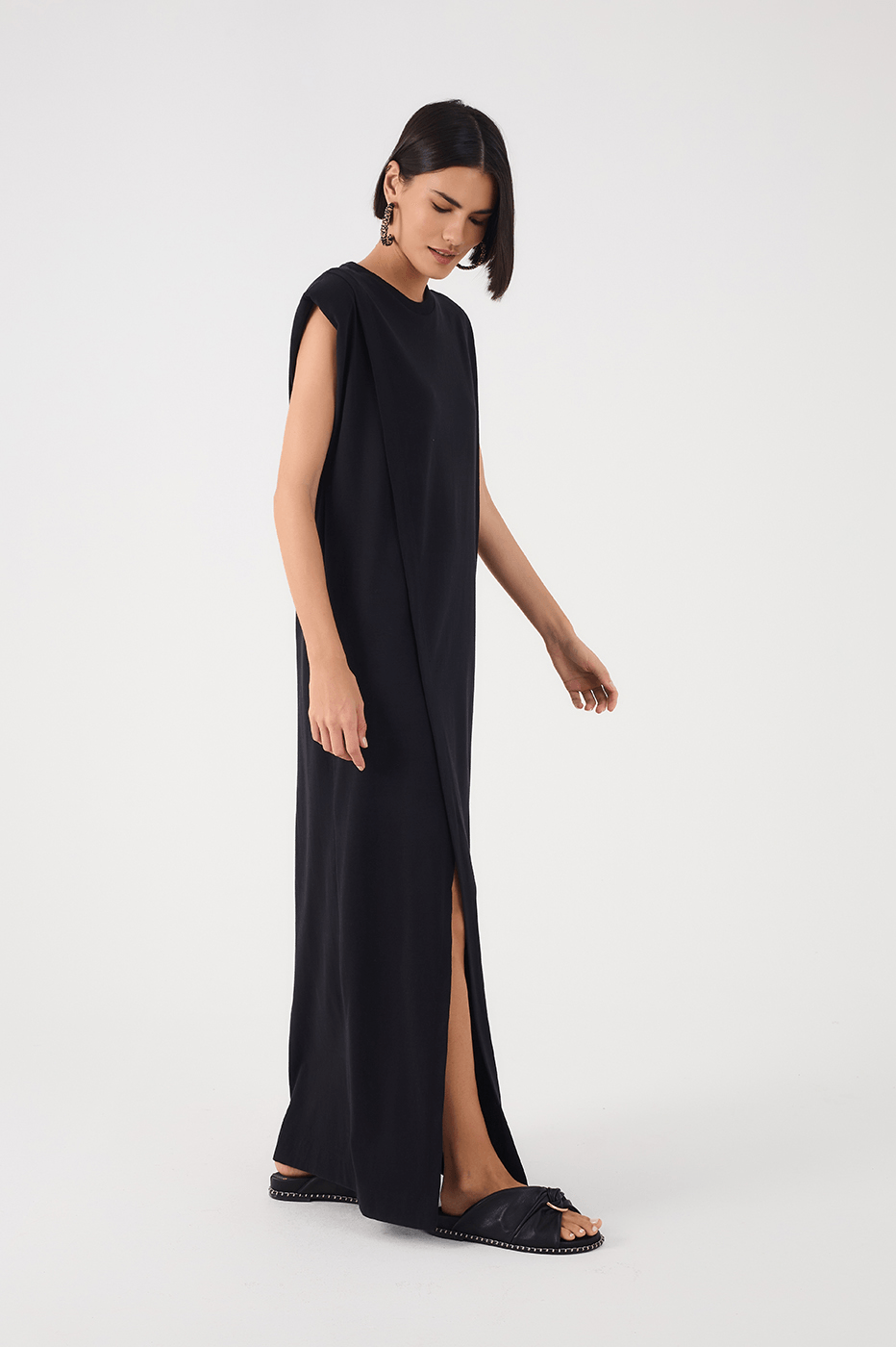 Black Padded Shoulder Front Slit Maxi Dress