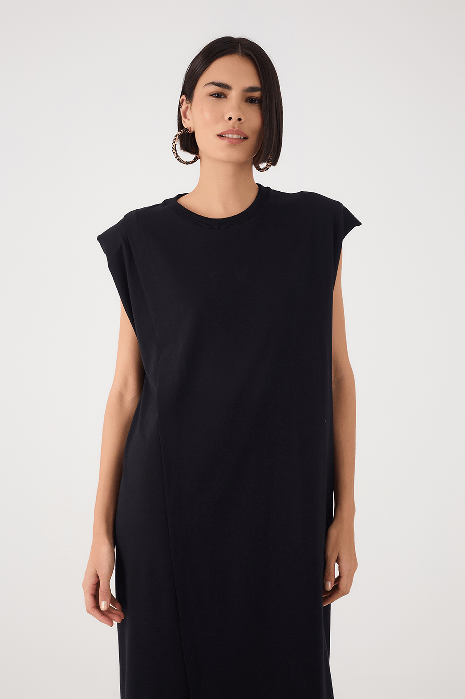 Black Padded Shoulder Front Slit Maxi Dress