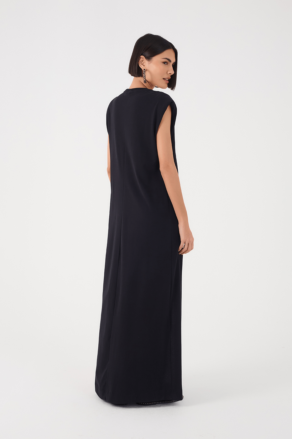 Black Padded Shoulder Front Slit Maxi Dress