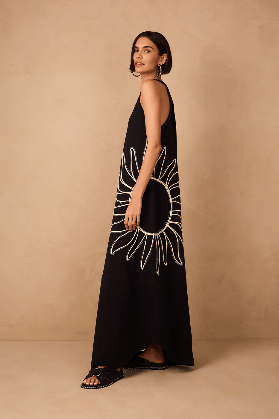 Black Embroidered Sun Sleeveless Relaxed Maxi Dress