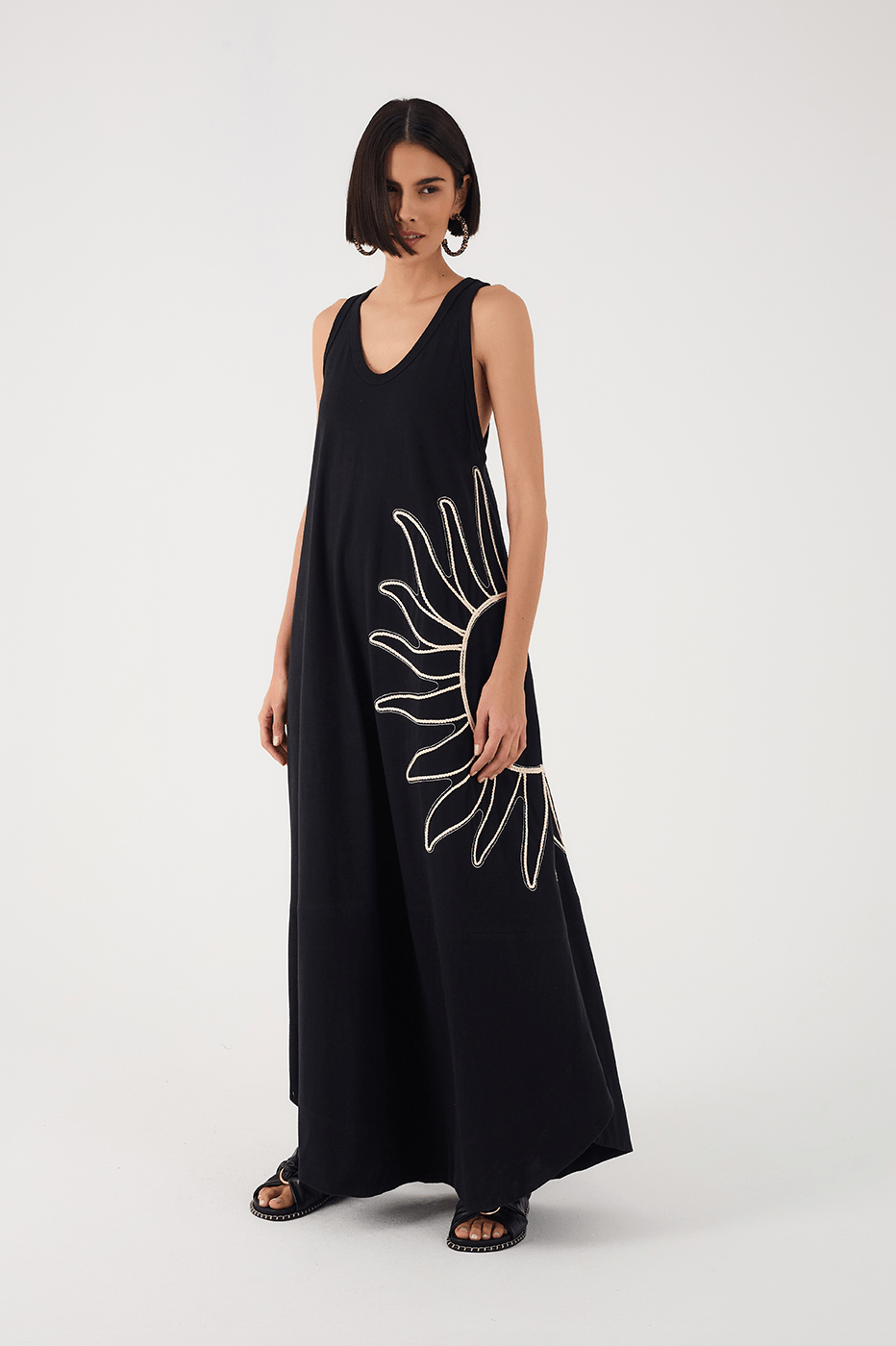 Black Embroidered Sun Sleeveless Relaxed Maxi Dress