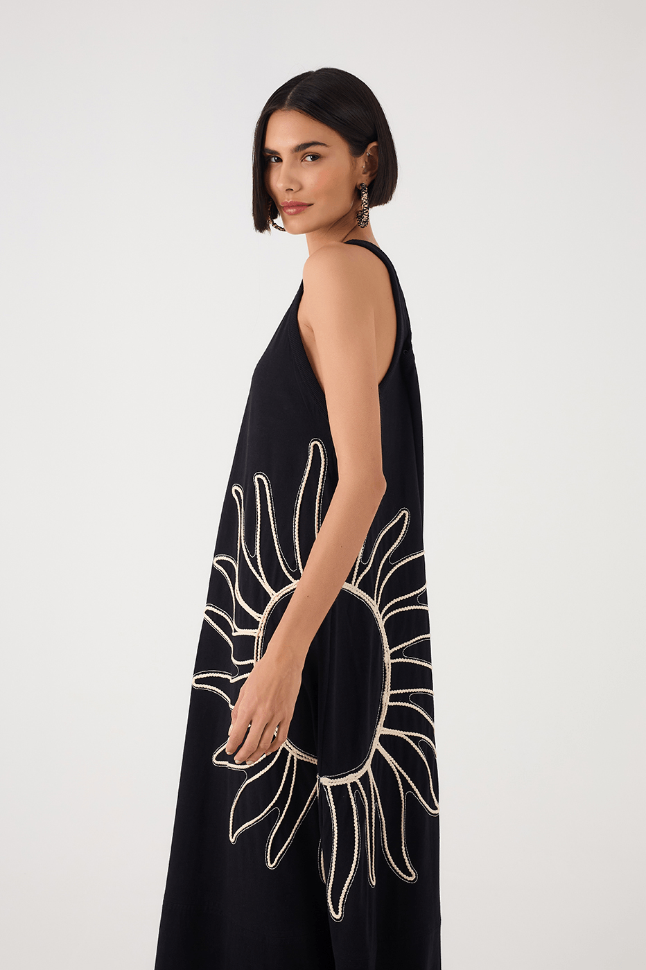 Black Embroidered Sun Sleeveless Relaxed Maxi Dress