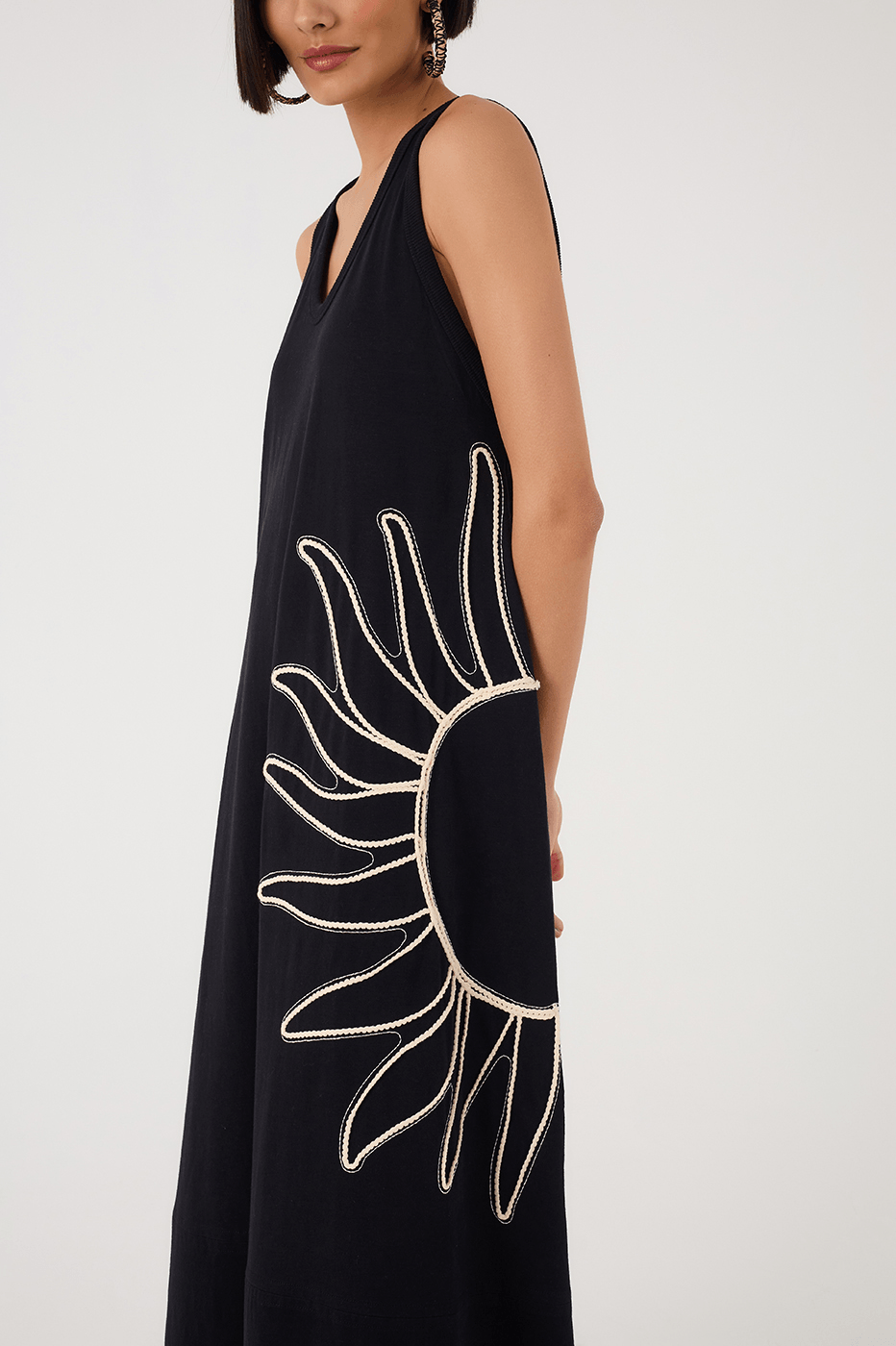 Black Embroidered Sun Sleeveless Relaxed Maxi Dress