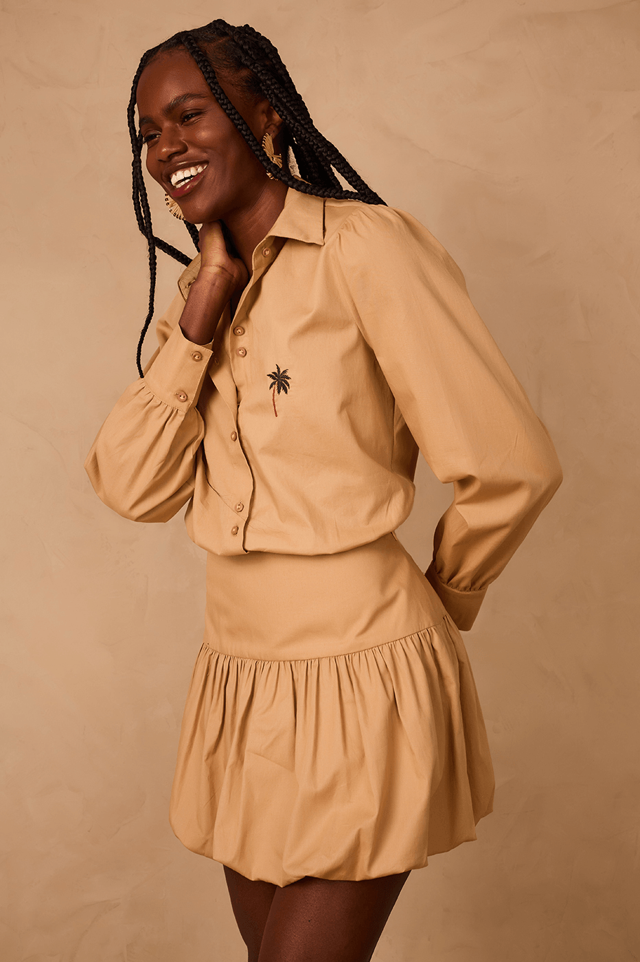 Embroidered Balloon Shirt Dress