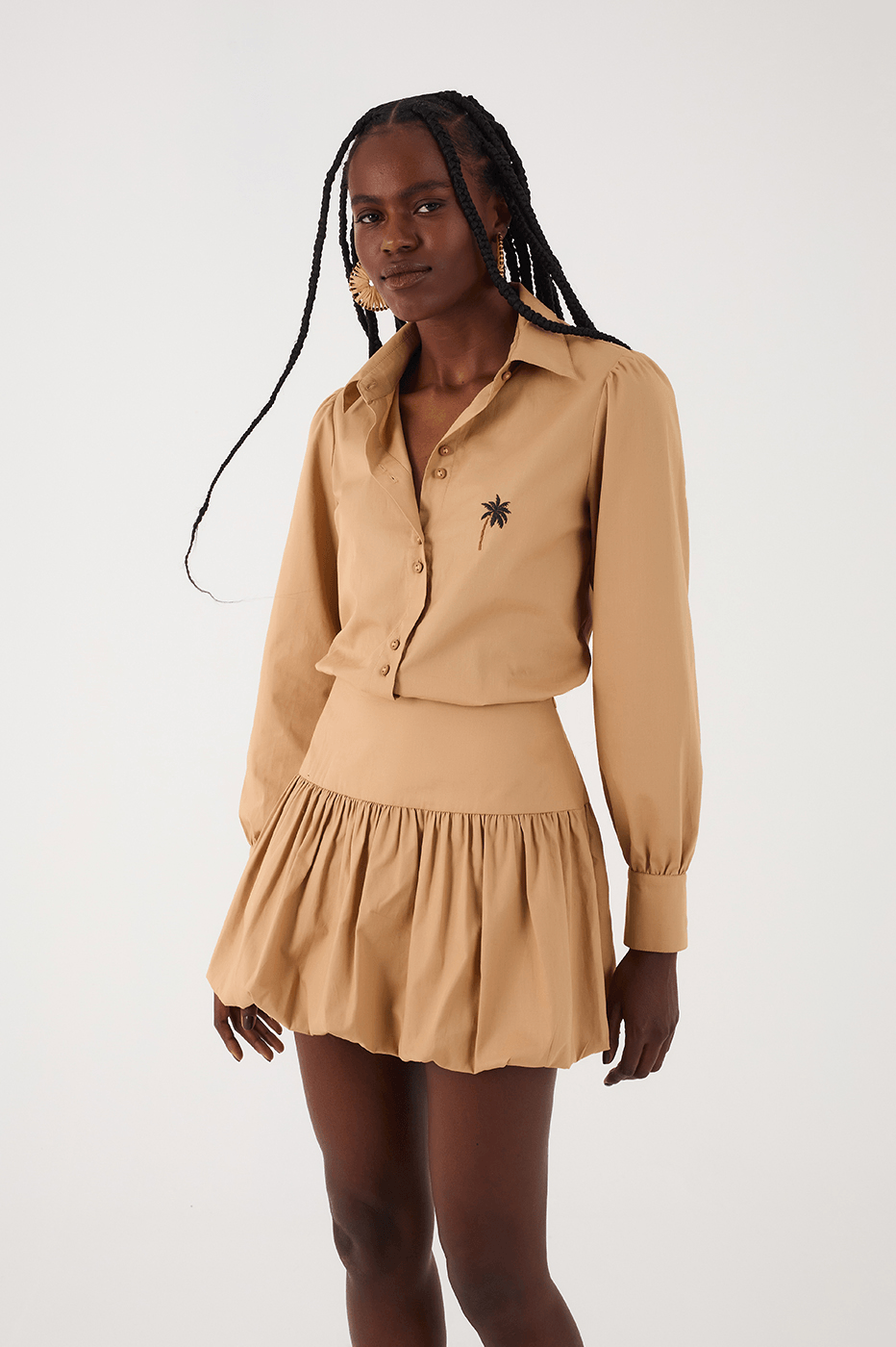 Embroidered Balloon Shirt Dress