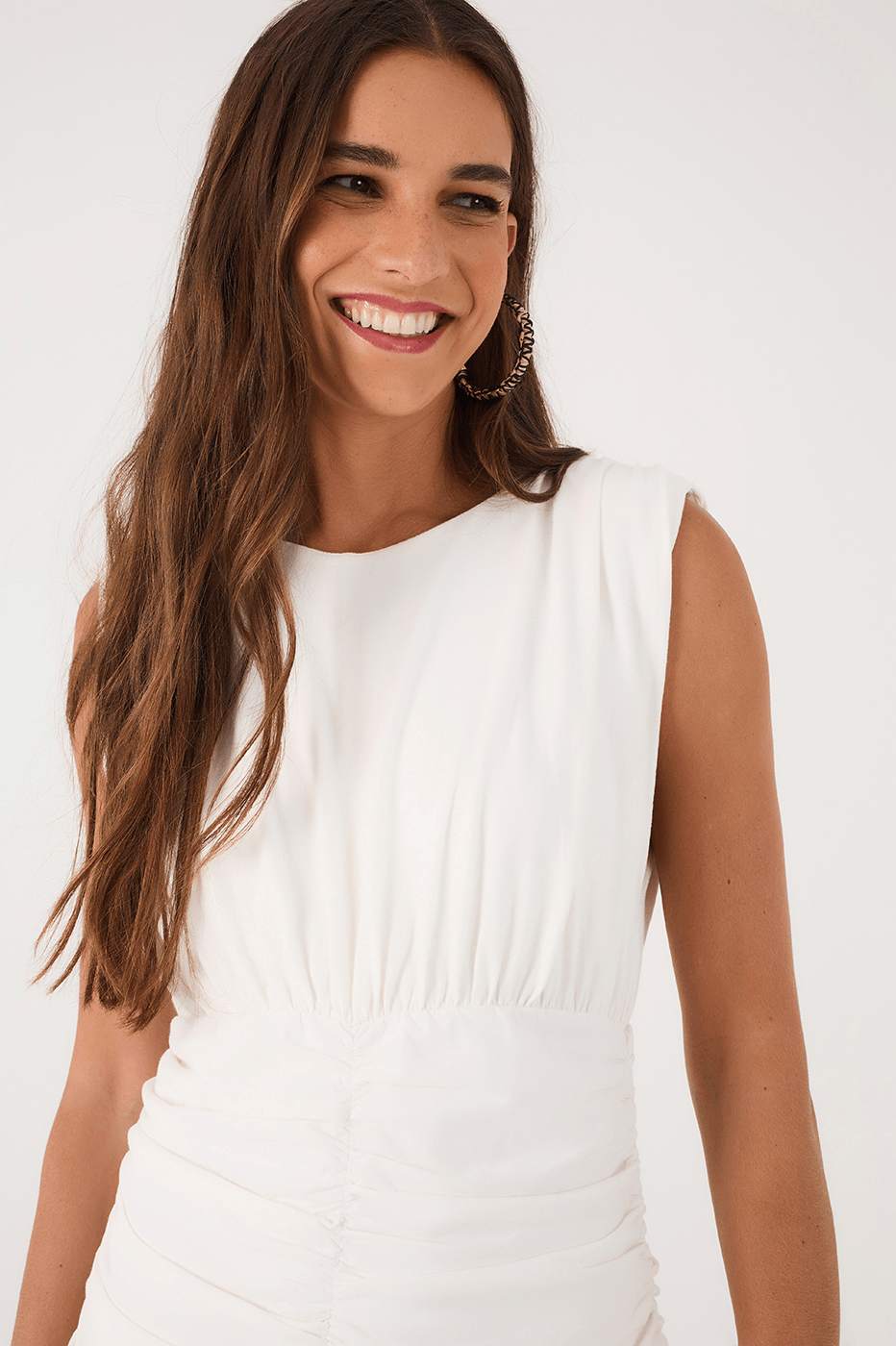 Off-White Padded Shoulders Ruched Mini Dress