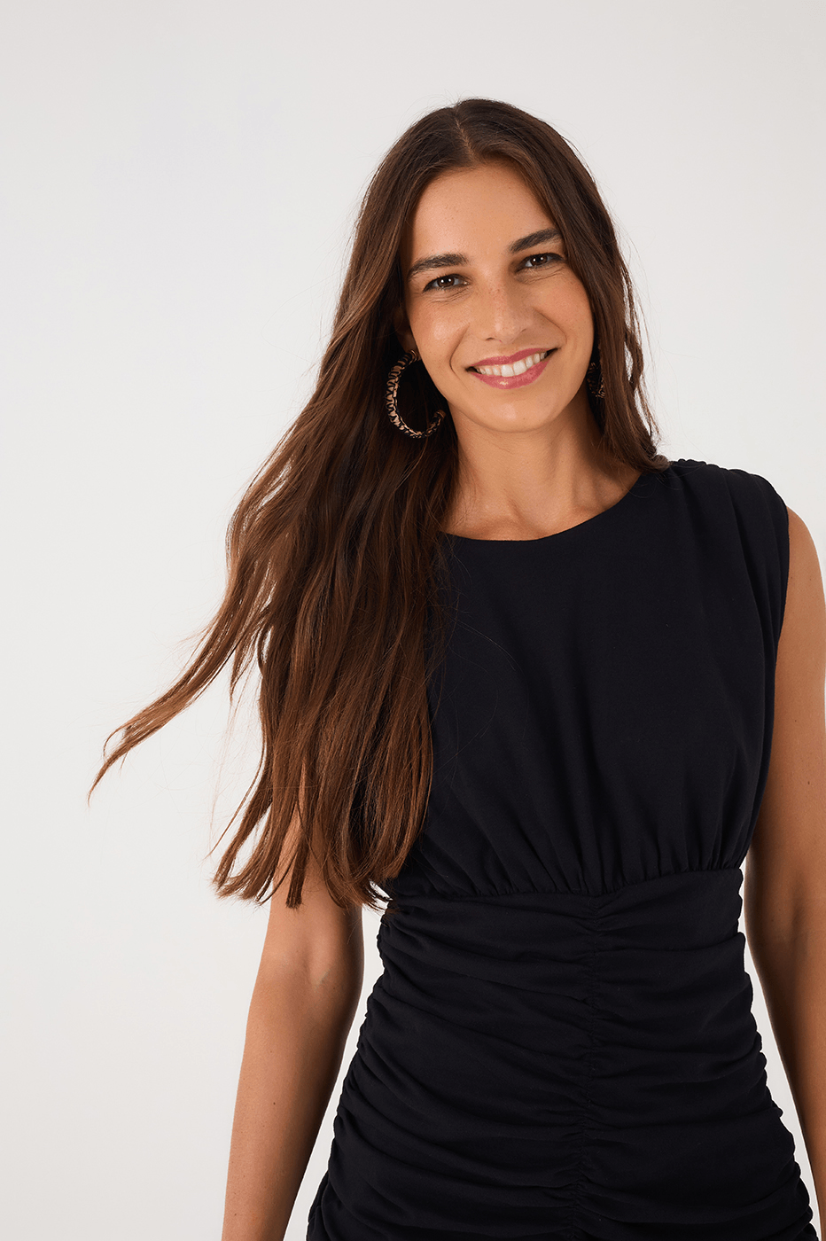 Black Padded Shoulders Ruched Mini Dress