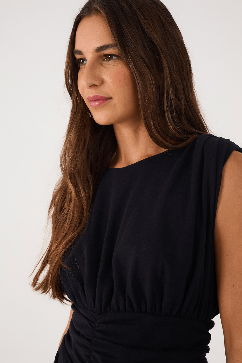 Black Padded Shoulders Ruched Mini Dress