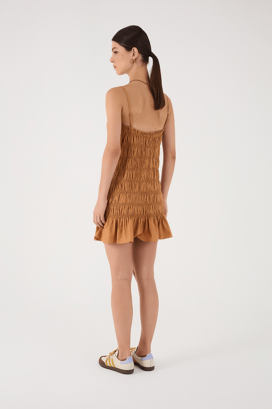Beige Leme Smocked Ruffle Sleeveless Mini Dress