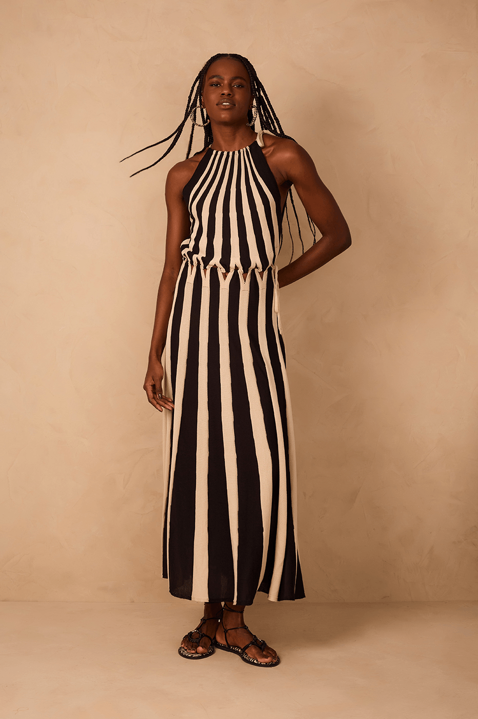 Black And White Cut-Out Waist Tricot Maxi Dress