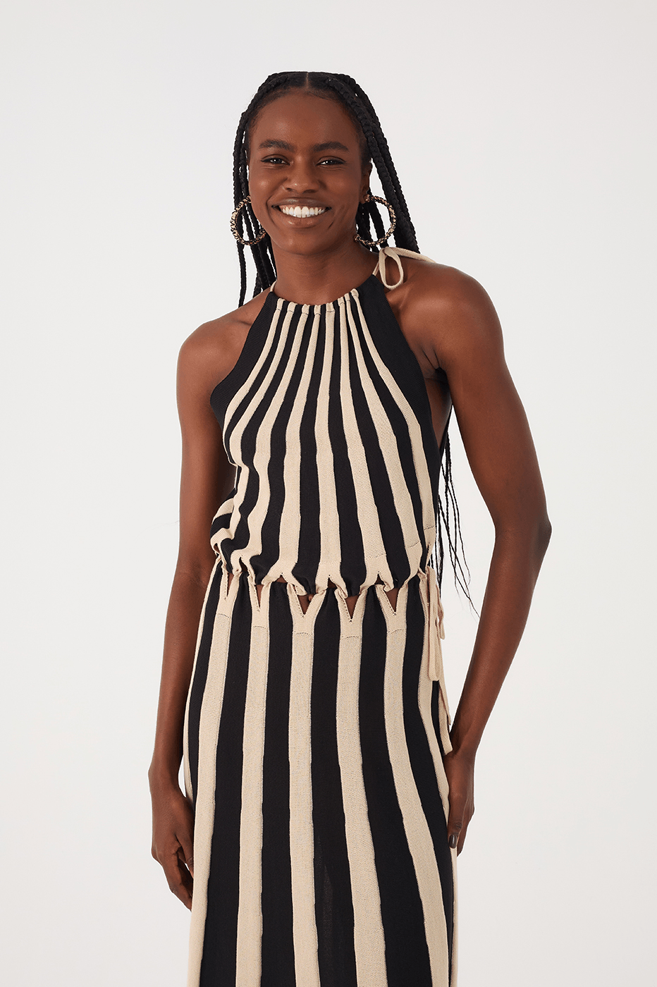 Black And White Cut-Out Waist Tricot Maxi Dress