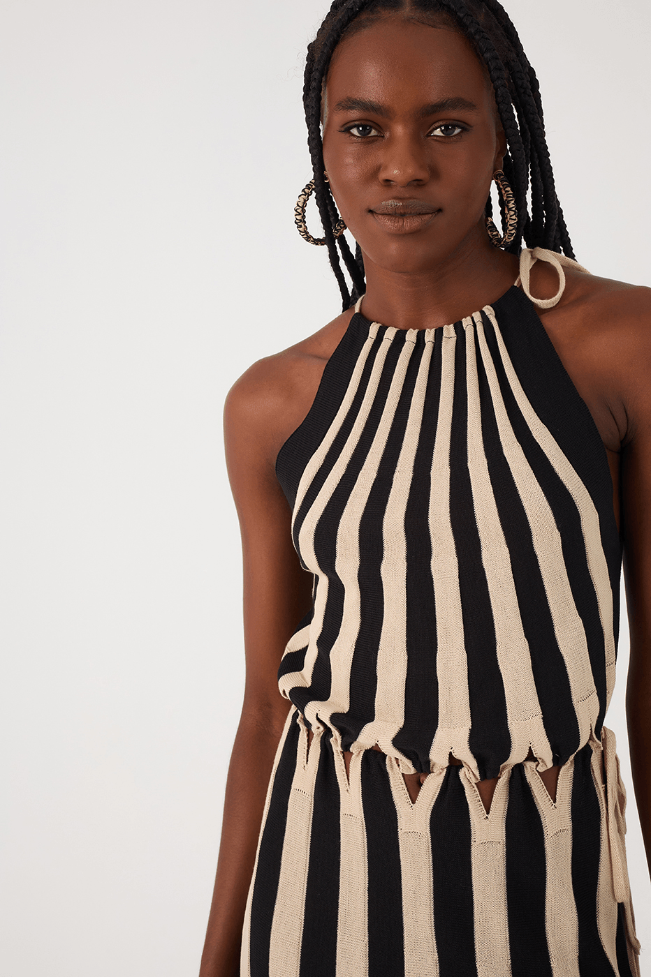Black And White Cut-Out Waist Tricot Maxi Dress