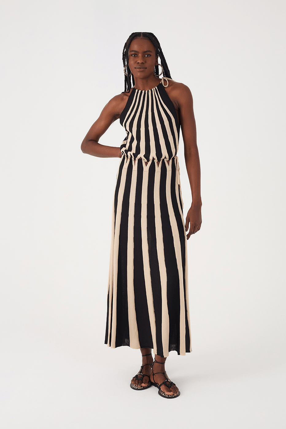 Black And White Cut-Out Waist Tricot Maxi Dress