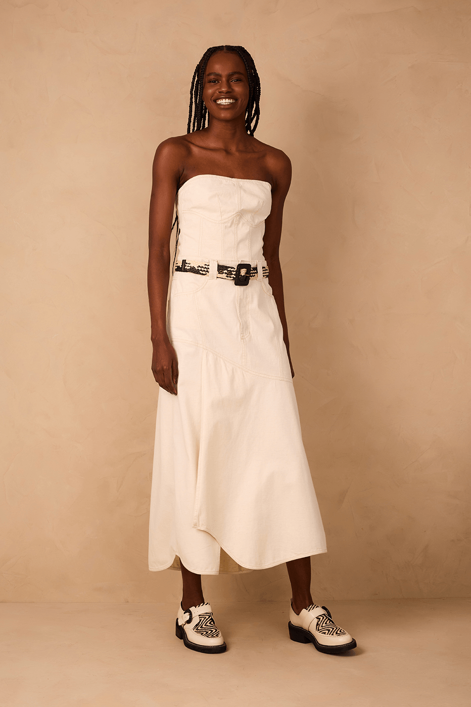 Off-White Strapless Side Pockets Linen Twill Maxi Dress