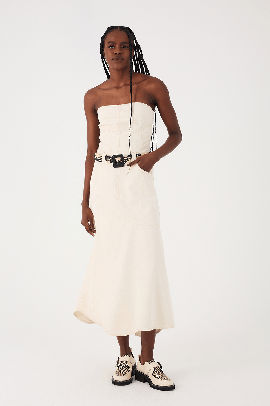 Off-White Strapless Side Pockets Linen Twill Maxi Dress