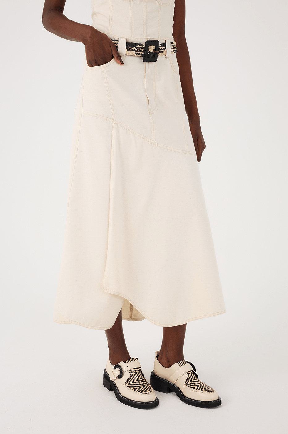 Off-White Strapless Side Pockets Linen Twill Maxi Dress
