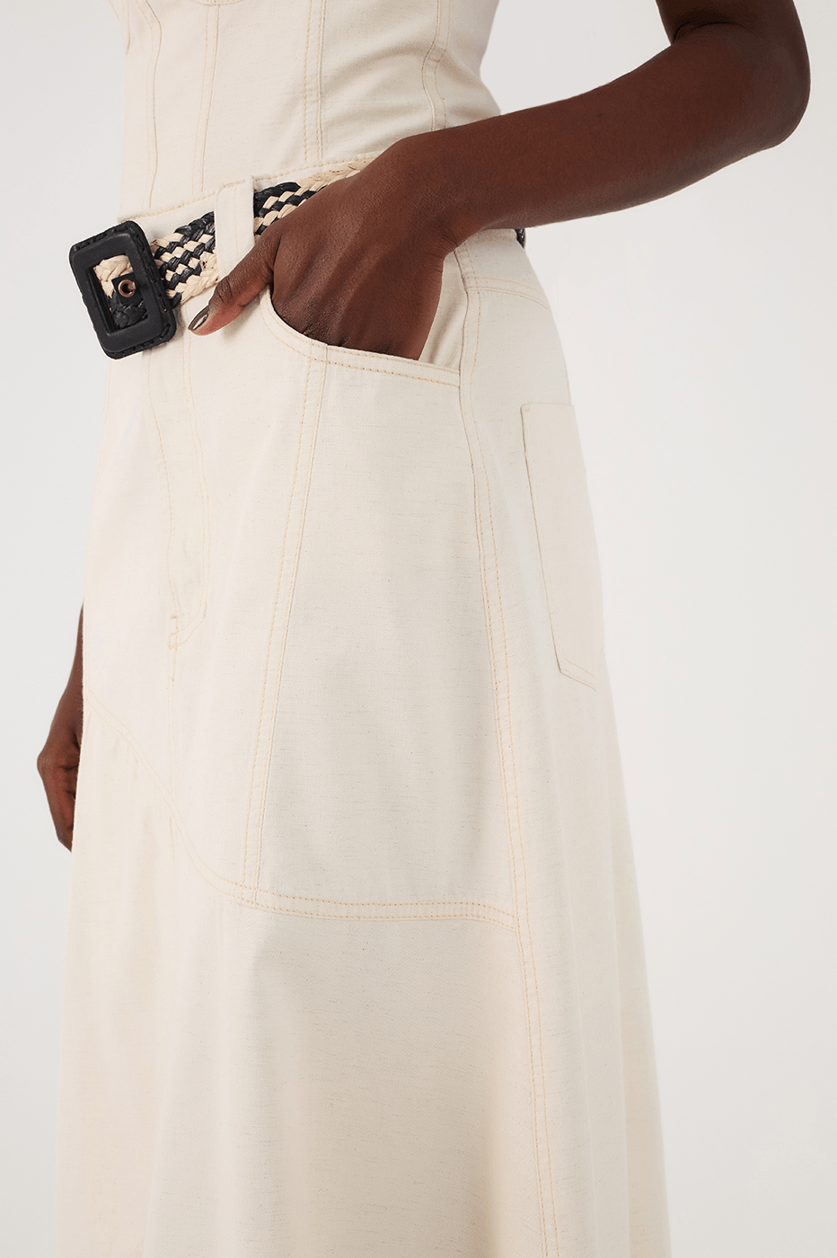 Off-White Strapless Side Pockets Linen Twill Maxi Dress