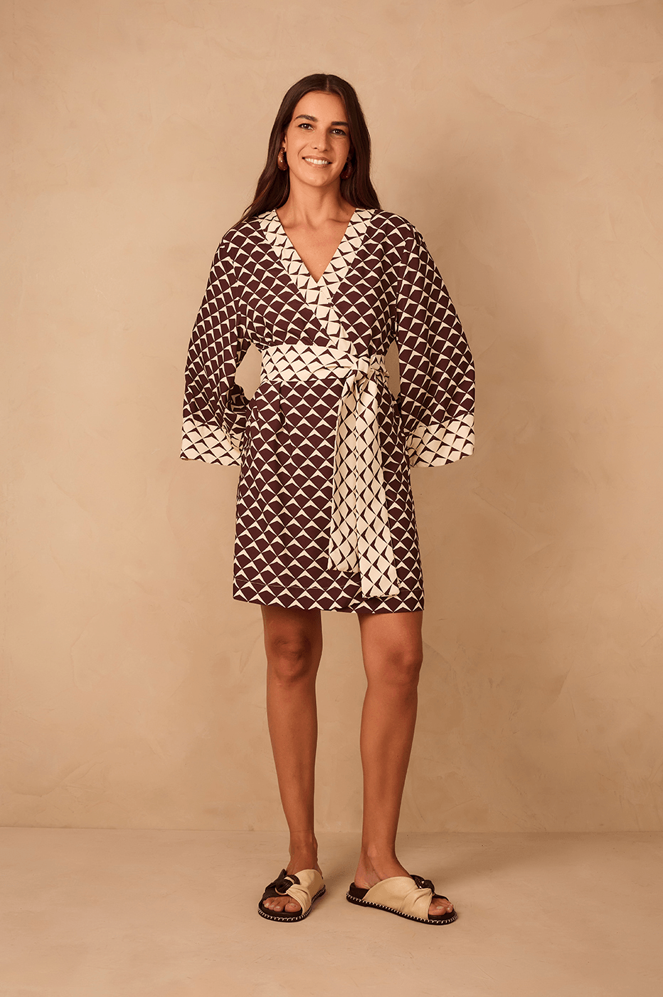 Brown Asa Delta Wrap Kimono Mini Dress