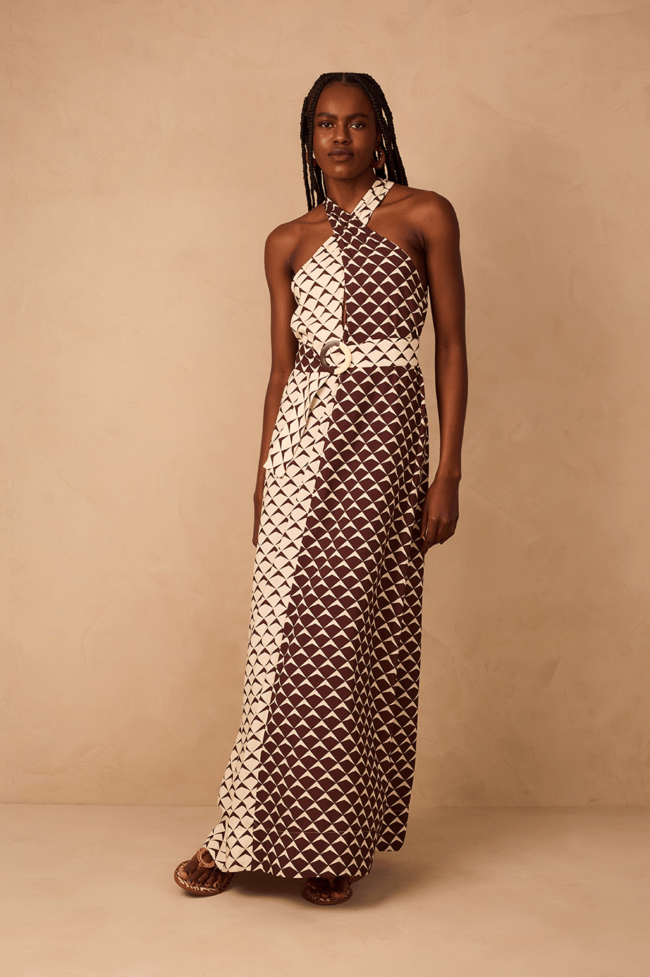 Brown Asa Delta Halter Neck Belt Maxi Dress_1