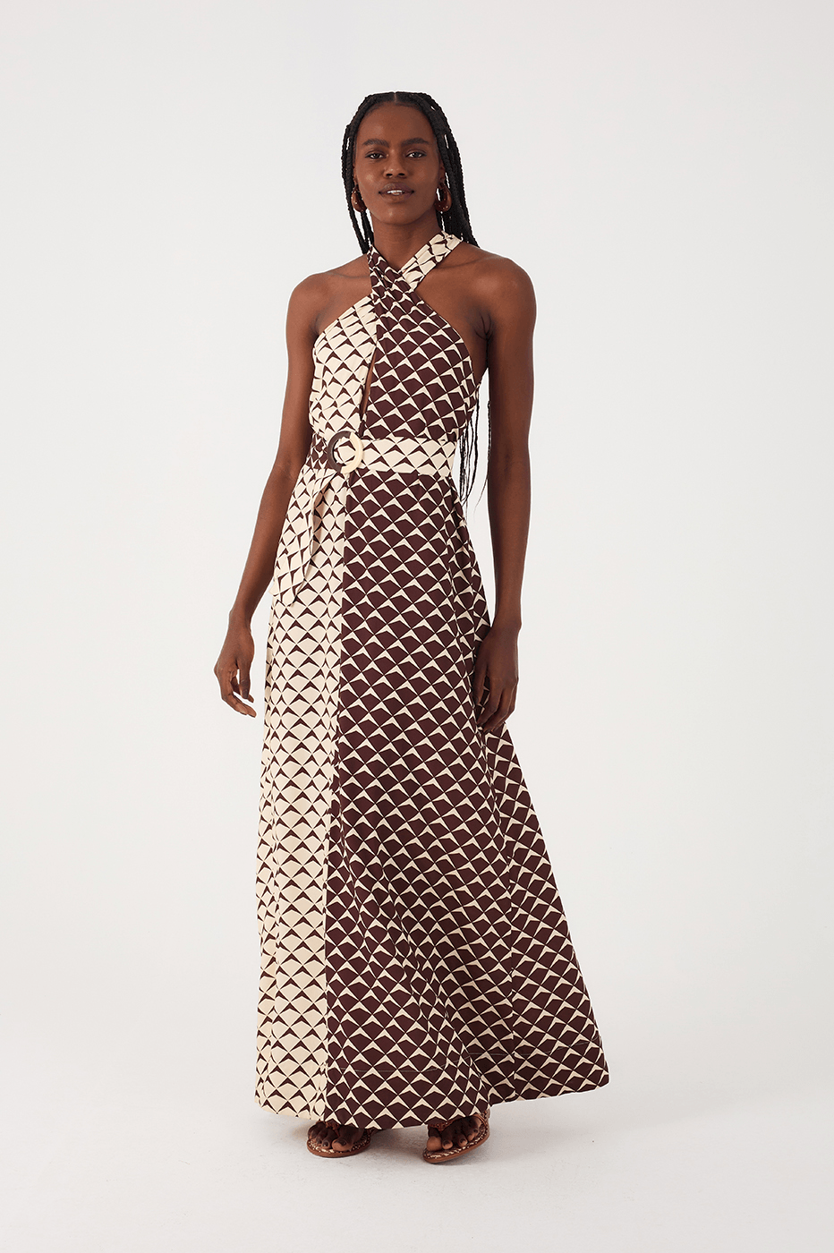 Brown Asa Delta Halter Neck Belt Maxi Dress