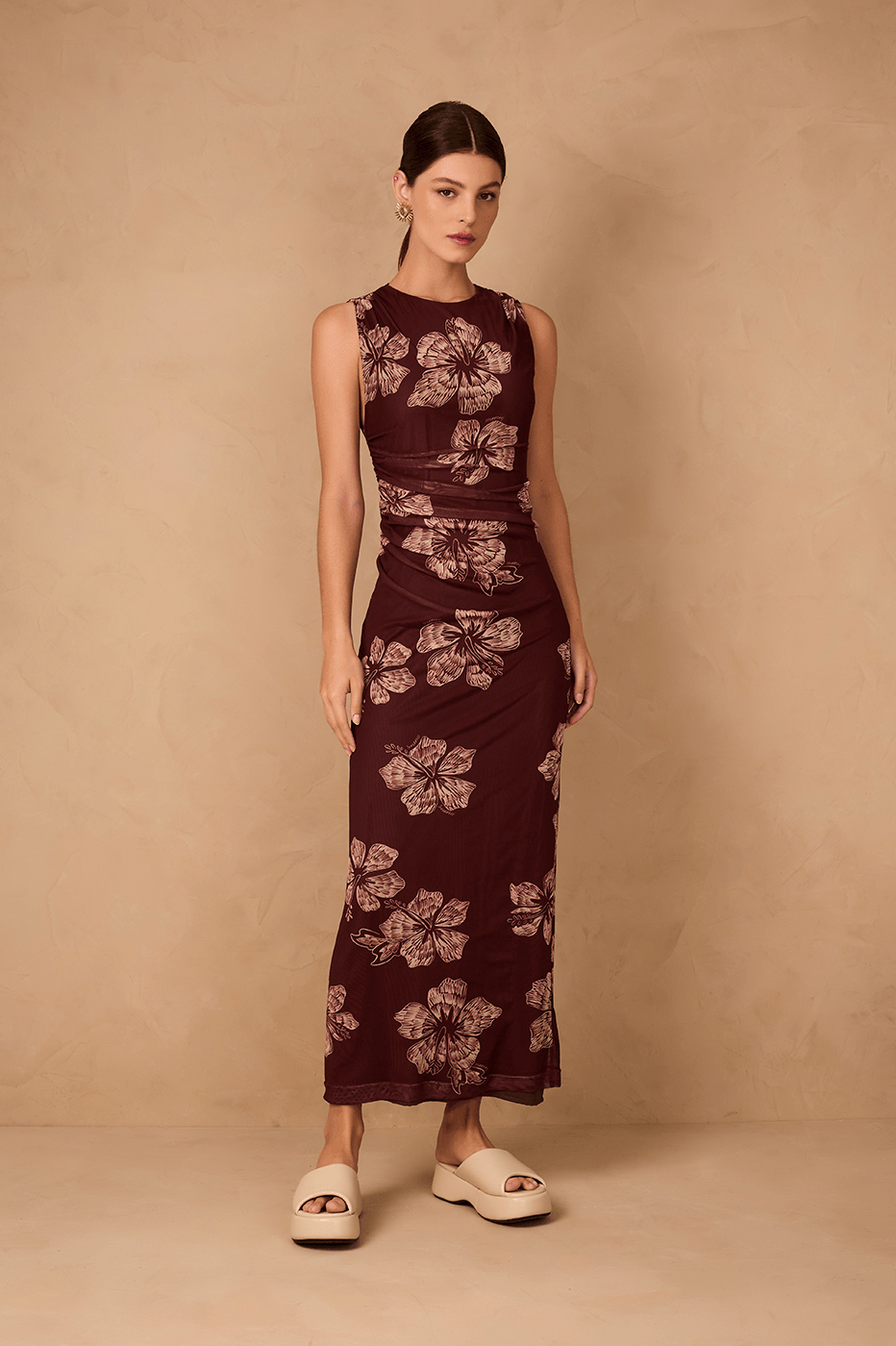 Brown Grumari Sleeveless Draped Tulle Maxi Dress
