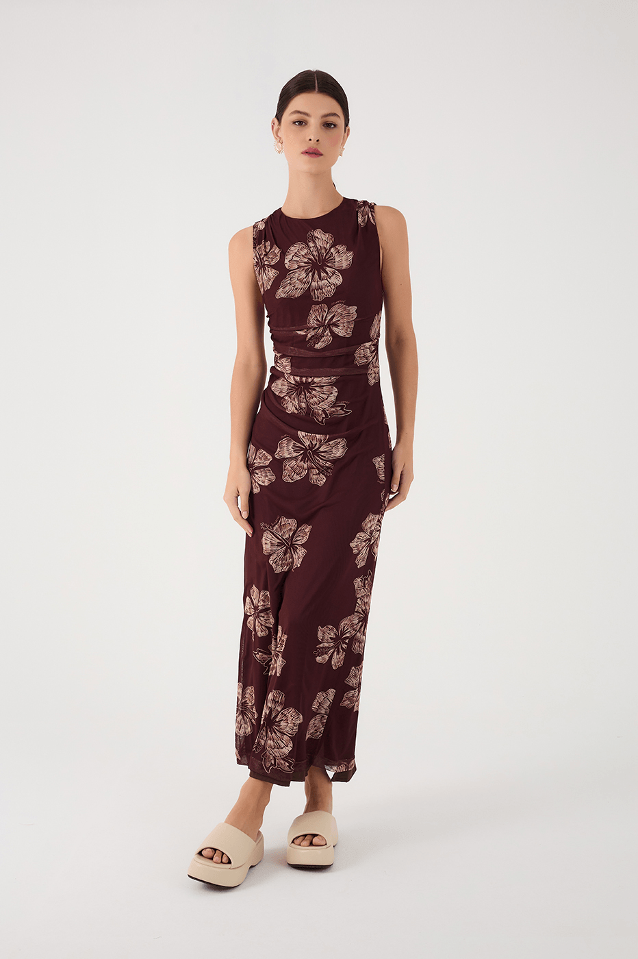 Brown Grumari Sleeveless Draped Tulle Maxi Dress