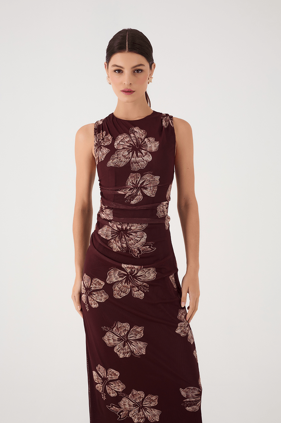 Brown Grumari Sleeveless Draped Tulle Maxi Dress