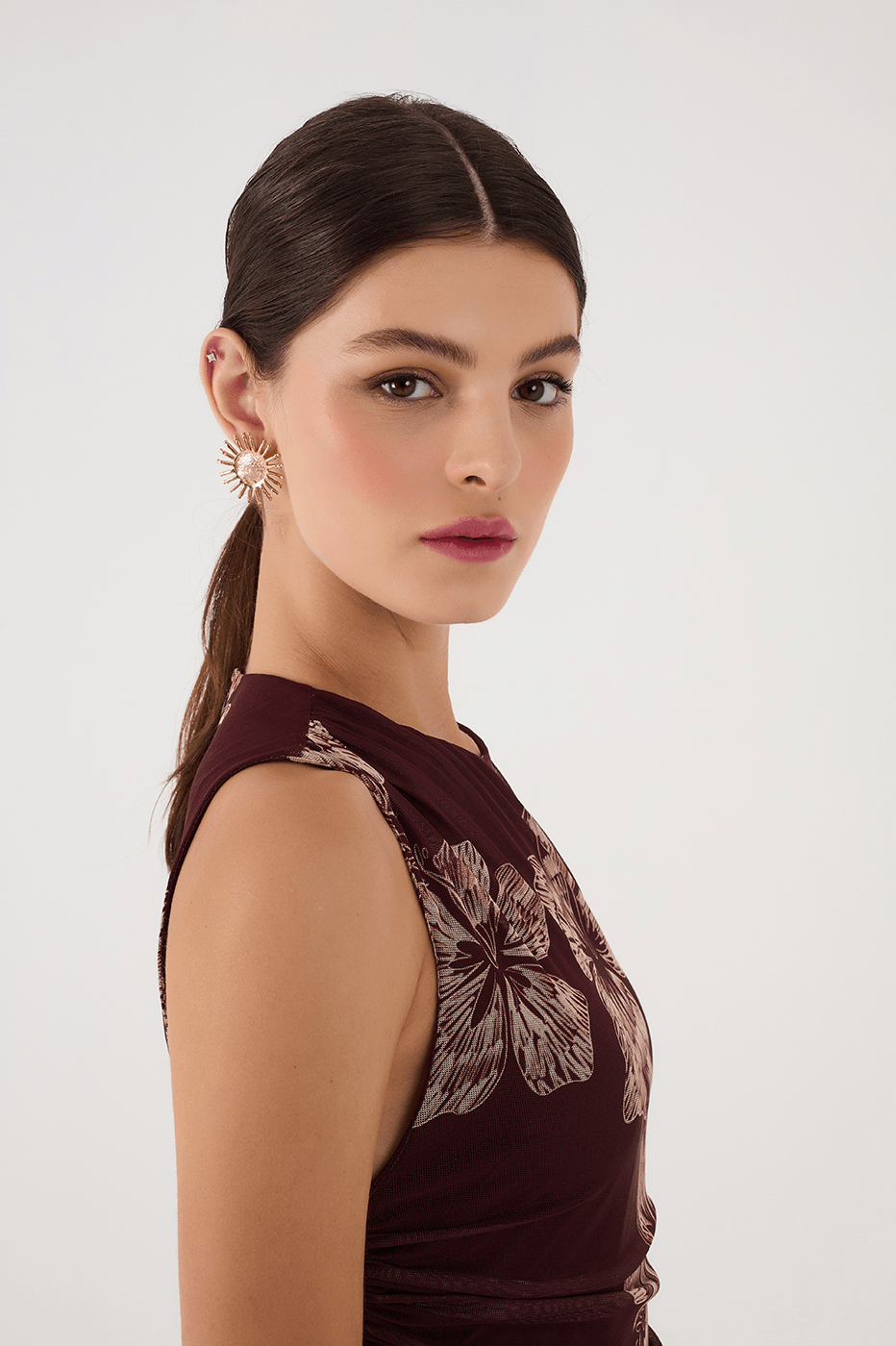 Brown Grumari Sleeveless Draped Tulle Maxi Dress