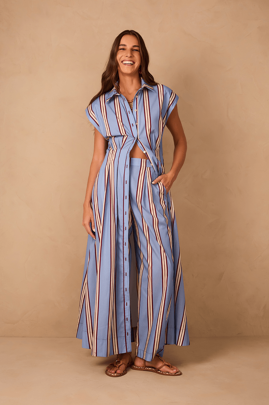 Blue Mirante Buttoned Short Sleeve Pockets Maxi Dress