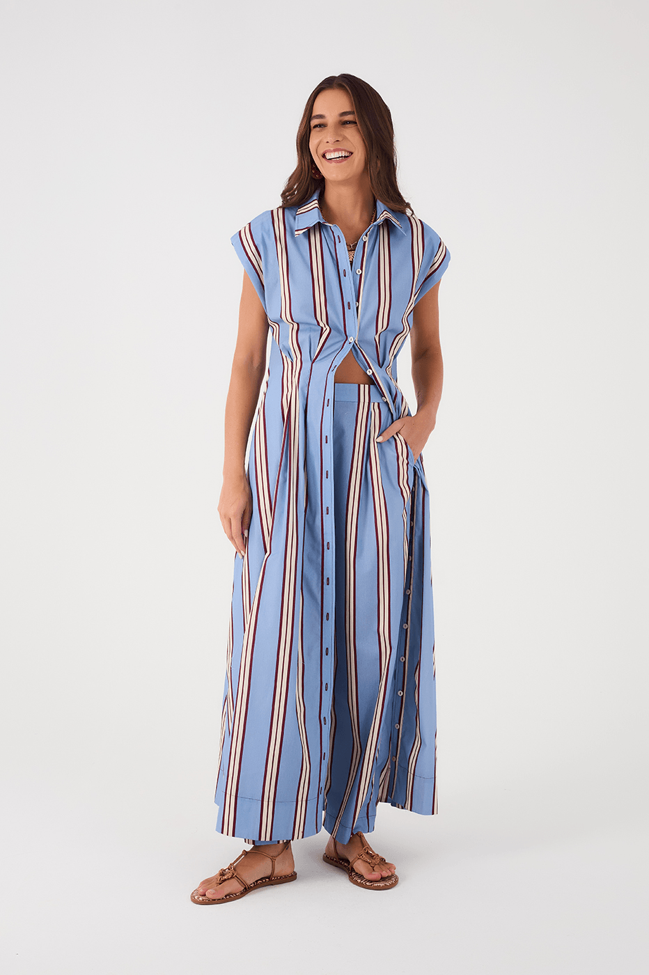 Blue Mirante Buttoned Short Sleeve Pockets Maxi Dress