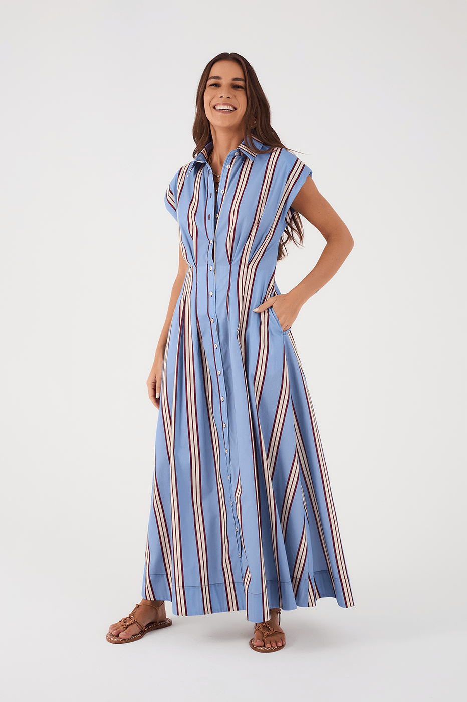 Blue Mirante Buttoned Short Sleeve Pockets Maxi Dress