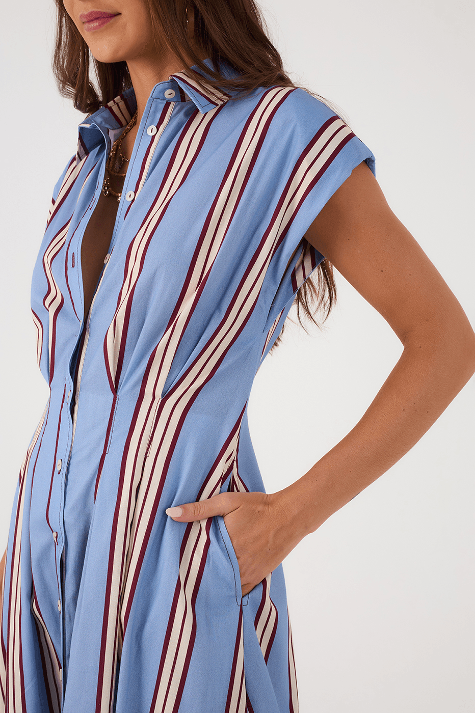 Blue Mirante Buttoned Short Sleeve Pockets Maxi Dress