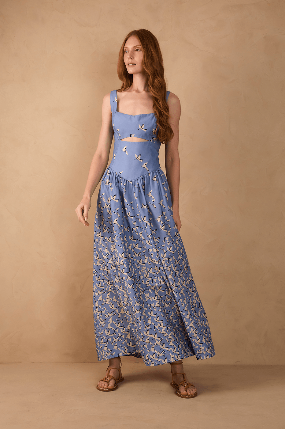 Blue Voo Livre Cut-Out Smocked Bodice Sleeveless Maxi Dress in Blue Voo Livre