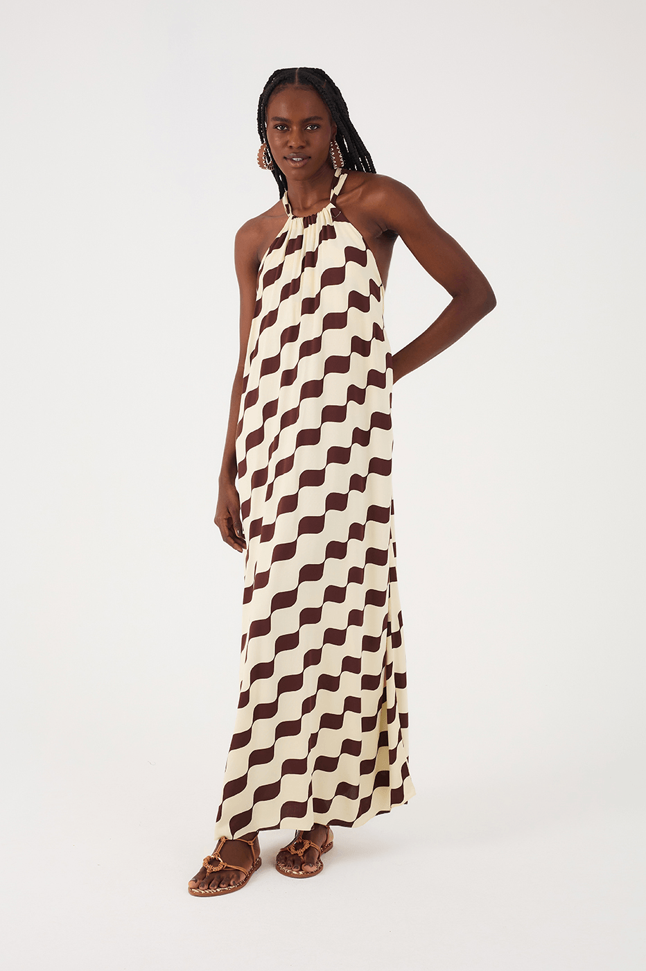 Brown Bossa Nova Halter Neck Crepe Maxi Dress