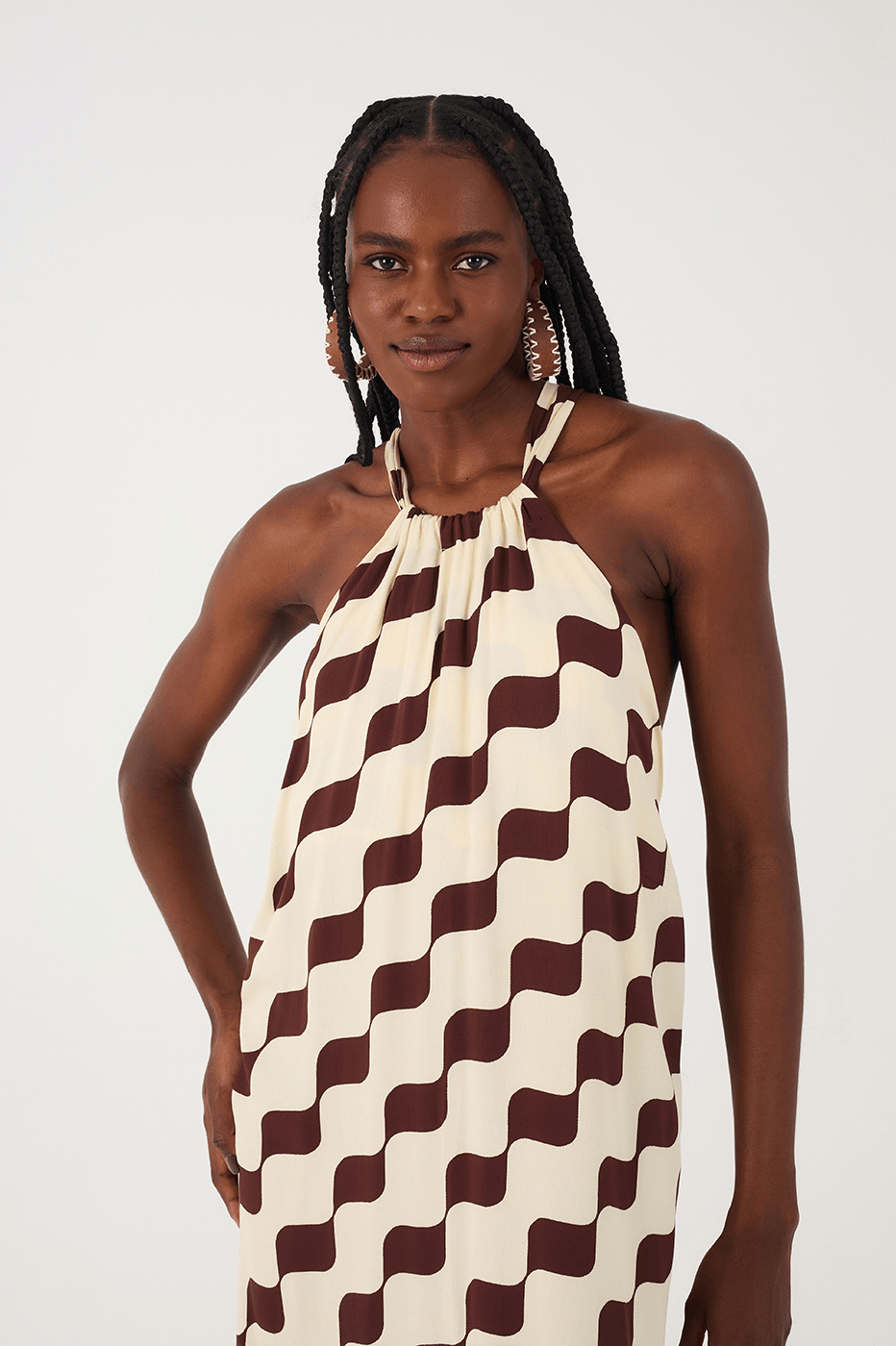 Brown Bossa Nova Halter Neck Crepe Maxi Dress