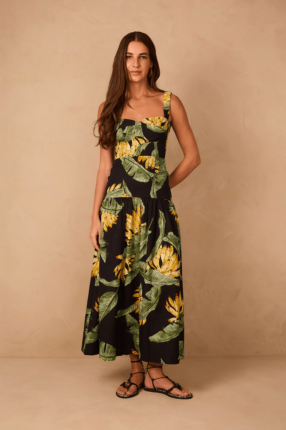 Black Paraiso Elastic Straps Smocked Tiered Maxi Dress