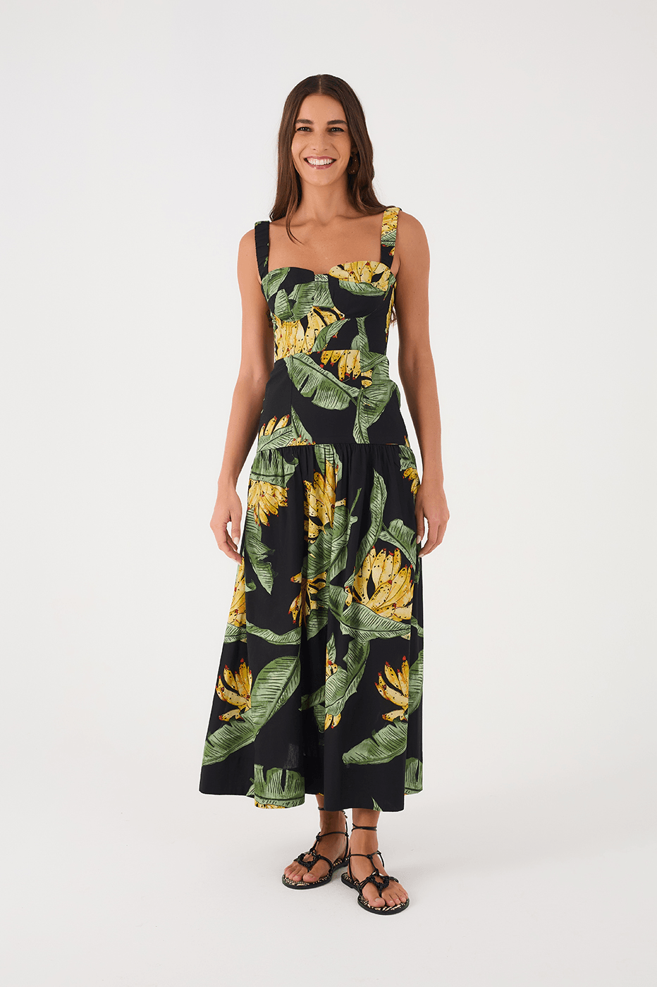 Black Paraiso Elastic Straps Smocked Tiered Maxi Dress