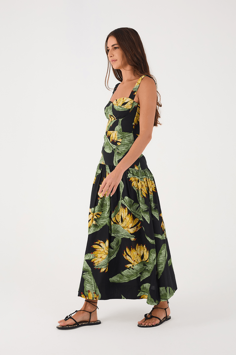 Black Paraiso Elastic Straps Smocked Tiered Maxi Dress