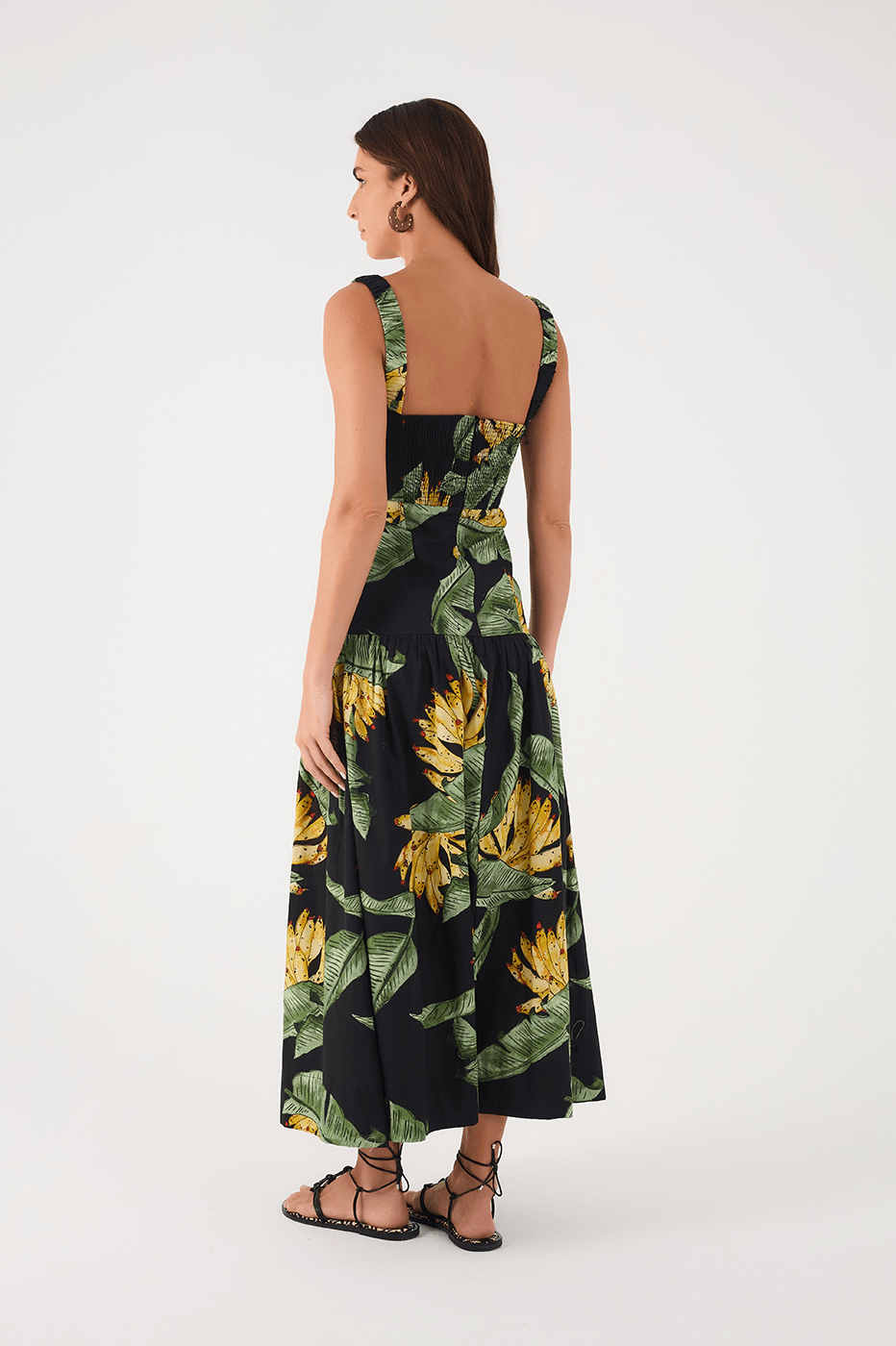 Black Paraiso Elastic Straps Smocked Tiered Maxi Dress