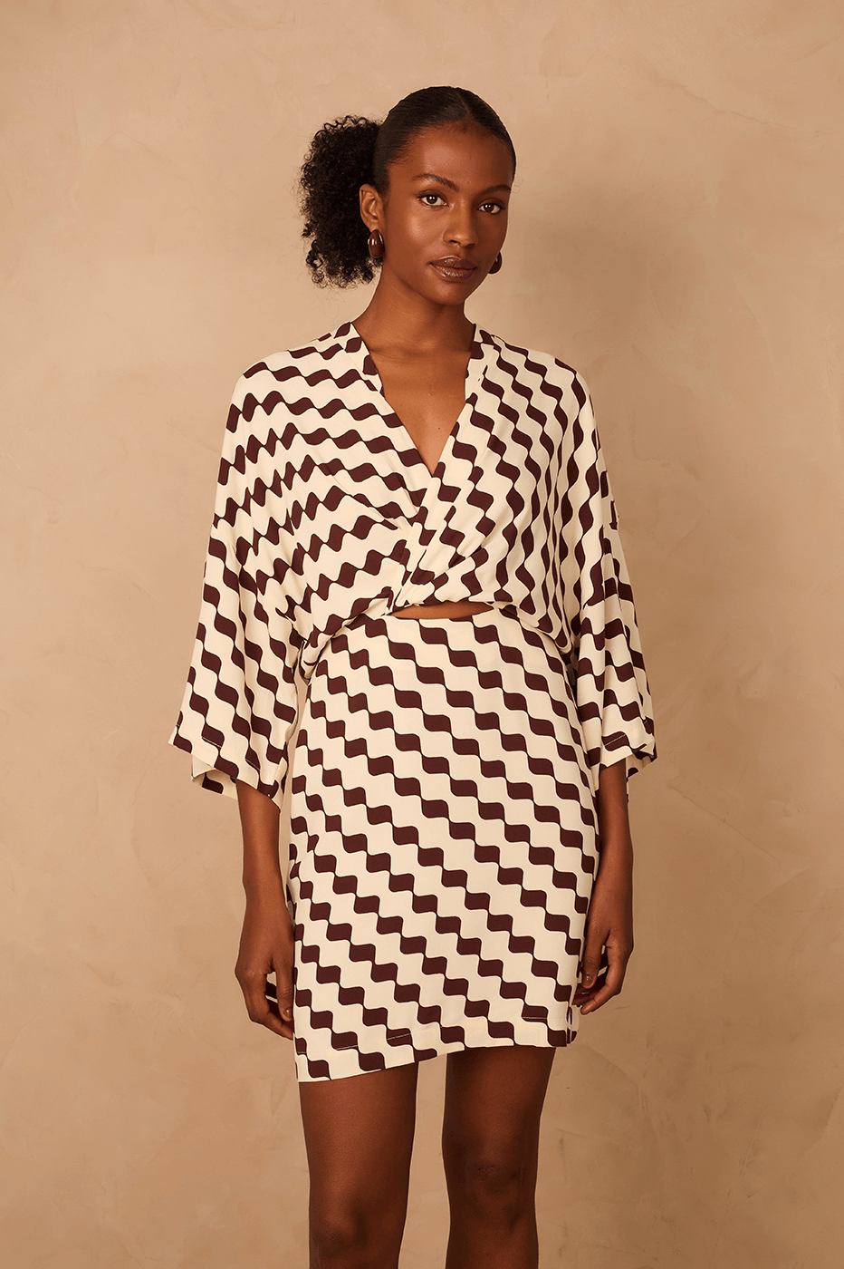 Brown Bossa Nova Wrap Bodice Crepe Mini Dress in Brown Bossa Nova Brown Bossa Nova Wrap Bodice Crepe Mini Dress in Brown Bossa Nova