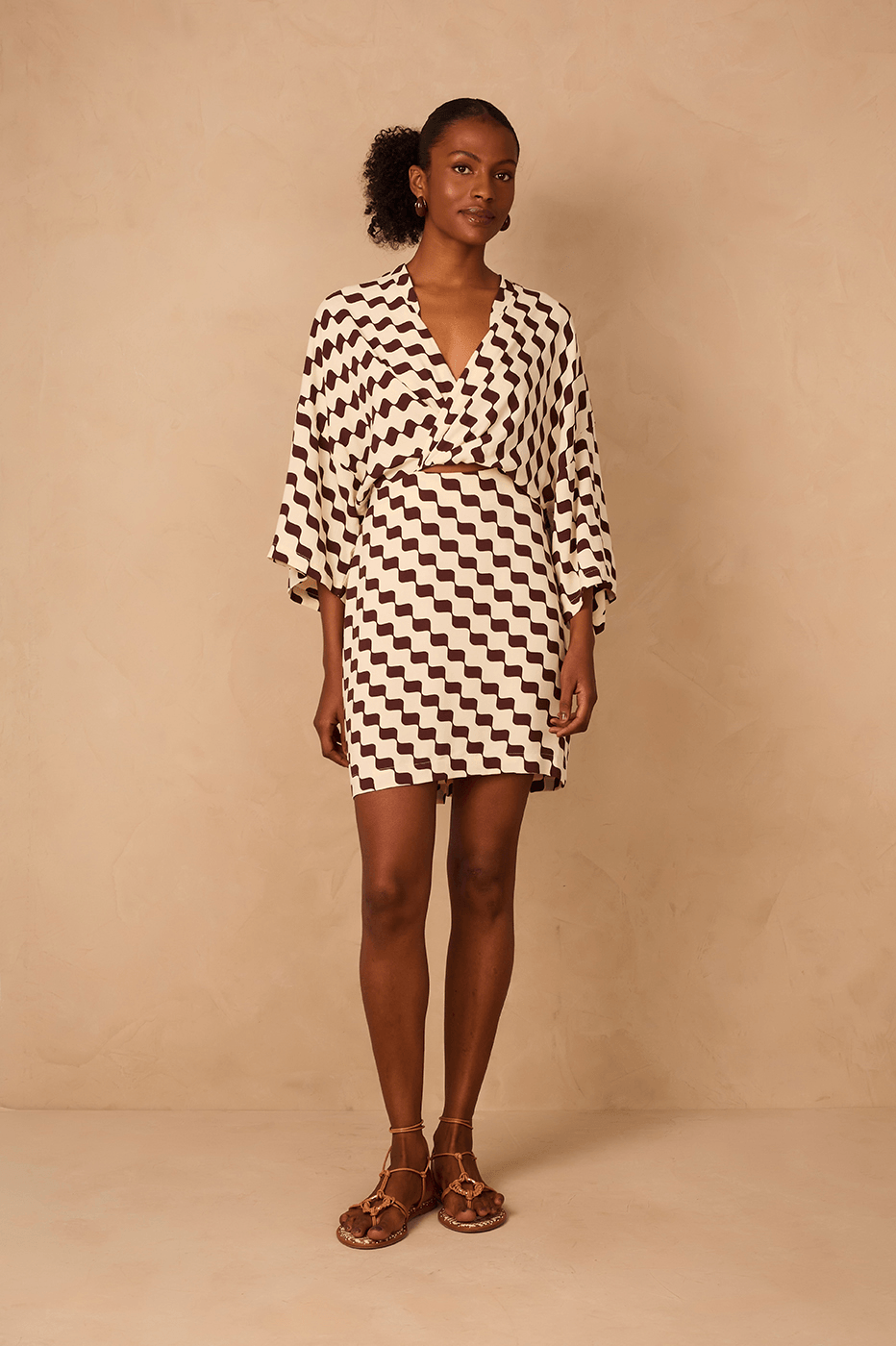 Brown Bossa Nova Wrap Bodice Crepe Mini Dress in Brown Bossa Nova | Dress To Brown Bossa Nova Wrap Bodice Crepe Mini Dress in Brown Bossa Nova | Dress To