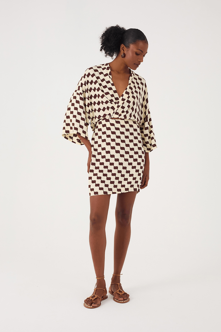Brown Bossa Nova Wrap Bodice Crepe Mini Dress